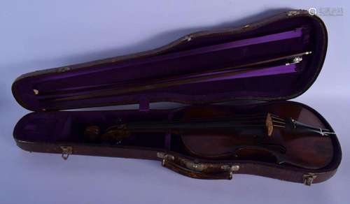 A CASED TWO PIECE BACK VIOLIN with bow. 57 cm long. (2)