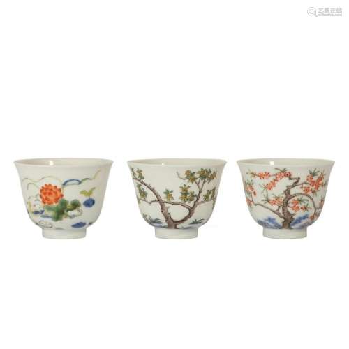 THREE FAMILLE-ROSE 'FLOWERS AND BIRDS' CUPS