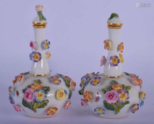 A SMALL PAIR OF ANTIQUE MEISSEN PORCELAIN VASES encrusted wi...
