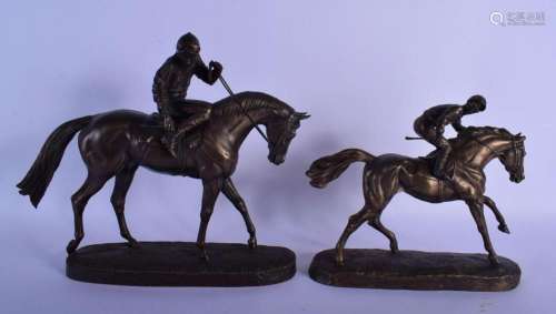 TWO BRONZED EQUESTRIAN SCULPTURES OF RACE HORSES. 30 cm x 28...