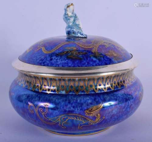 A RARE WEDGWOOD LUSTRE DRAGON BOWL AND COVER with silver mou...
