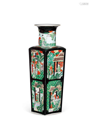 清代 素三彩四方雕人物瓷瓶