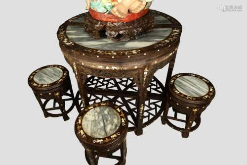 LATE QING A JADE TABLE AND FOUR CHAIRS INLAID