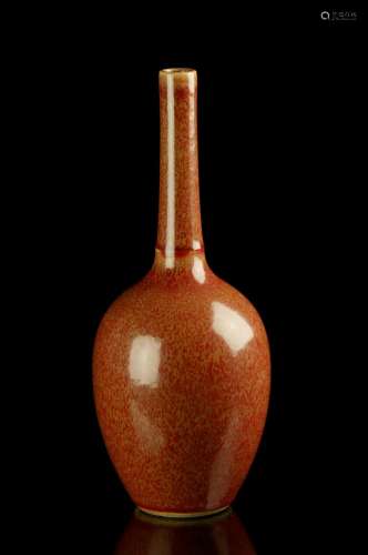 RED GLAZE LONG NECK VASE WITH QING KANGXI REIGN MARK