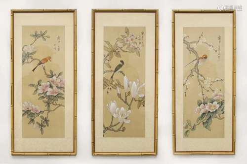 THREE CHINESE FLOWER-BIRD PAINTINGS WITH FRAMES