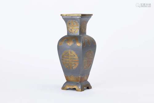 COPPER INLAID TIN SHOU PATTERN SQUARE VASE