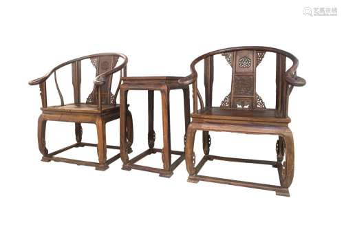 A SET OF OLD SANDALWOOD ARMCHAIRS