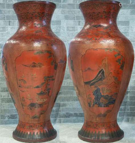 LATE MING/EARLY QING A PAIR OF LACQUER CARVED LARGE