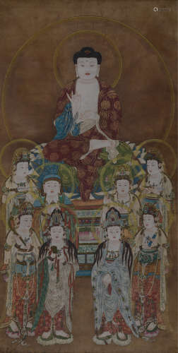 清代佚名手绘“九位观音造像图”设色绢本立轴一件（民国日式装裱）。