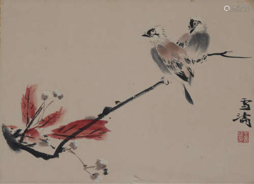 日本原装装裱--王雪涛「花鸟」小立轴一件。