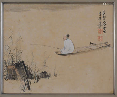 张大千（1899-1983）高士独钓图
民国原装装裱 日式镜框 设色绢本