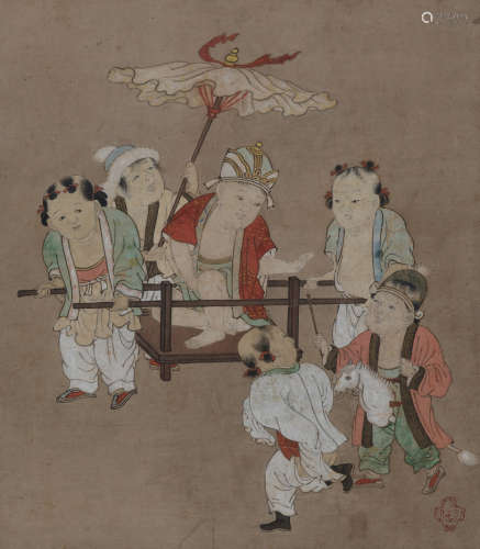 清代佚名手绘“婴戏图”设色纸本立轴一件。