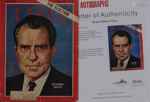 尼克松亲笔签名的《时代周刊》封面展框，内含美国总统尼克松亲笔在《...
