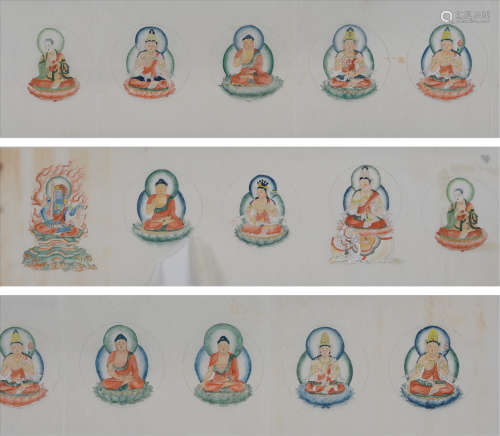清代佚名彩绘“释迦摩尼十二尊坐佛”设色纸本一幅。
