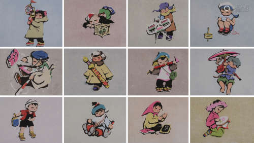 新中国“出口创汇”时期万维生绘“幸福儿童”彩色版画一组12件。