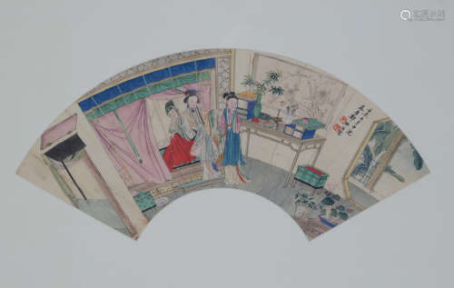 1952年郑师玄作“闺房仕女”水墨绢本扇面一件。
保存较好。