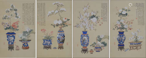 末代皇后--郭布罗•婉容绘“博古图”设色纸本（镜心）一组四件。