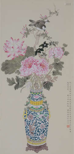 中国近代著名建筑大师--林徽因绘“博古图”设色纸本（立轴）一件。