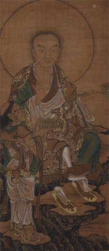 清代原装原裱--佚名手绘“达摩坐像图”设色绢本立轴一件。