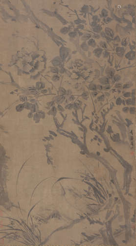 清代日式装裱--明代画家徐渭绘“杂花图”水墨绢本立轴一件。