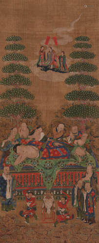 清代佚名手绘“卧佛宝像图”设色绢本立轴一件（原装旧裱）。