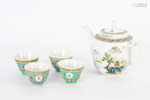 1970S SET OF LANDSCAPE TEA SETS JINGDEZHEN HAND-PAINTED