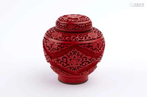 REPUBLIC OF CHINA A CARVED RED LACQUER VASE WITH LID