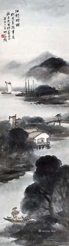 汪琨（1877～1946） 癸未（1943）年作 江村烟雨 屏轴 设色纸本