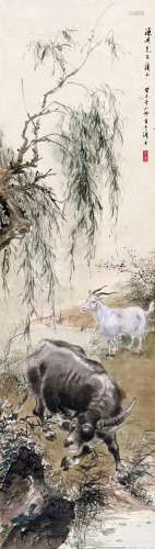 胡也佛（1908～1980） 癸未（1943）年作 柳岸归牧 屏轴 设色纸本