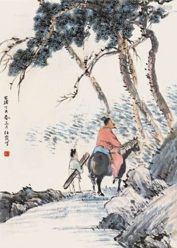任霞（清） 丁未（1907）年作 携琴访友 立轴 设色纸本