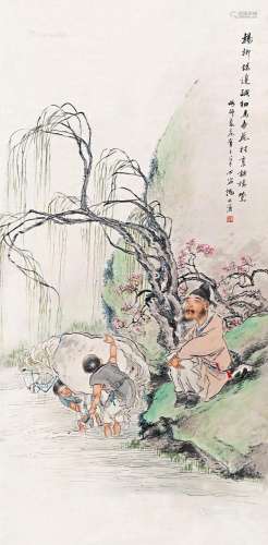 沈心海（1855～1941） 柳堤洗马 立轴 设色纸本