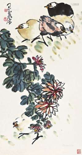 王震（1867～1938） 五德图 立轴 设色纸本