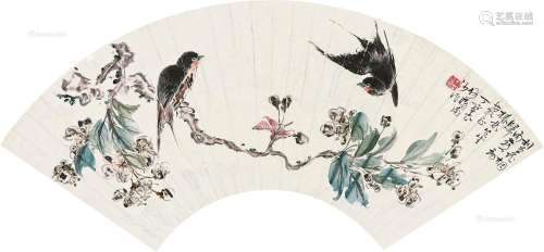 丁宝书（1865～1935） 梨花双燕 扇片 设色纸本