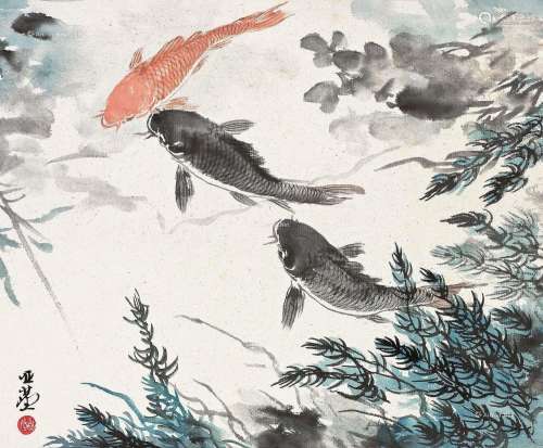 汪亚尘（1894～1983） 如鱼得水 镜片 设色纸本