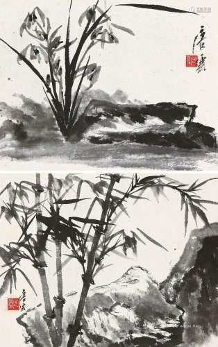 唐云（1910～1993） 兰石图 竹石图 （二件） 立轴 水墨纸本