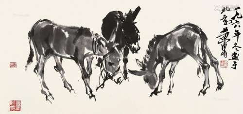 黄胄（1925～1997） 1978年作 三驴图 镜片 水墨纸本