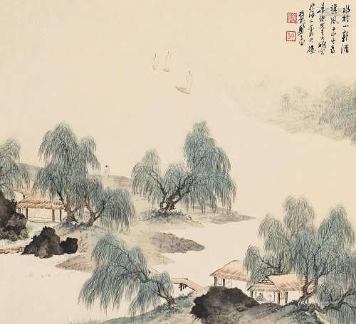 郑午昌（1894～1952） 甲申（1944）年作 水村山郭 立轴 设色纸本