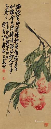 王震（1867～1938） 己未（1919）年作 蟠桃岁寿 镜框 设色纸本