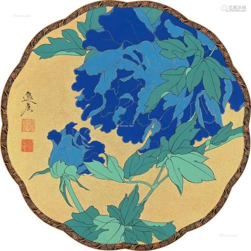 任重（b.1976） 牡丹 团扇框 设色金绢