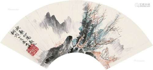 贺天健（1891～1977） 乙亥（1935）年作 秋山高士 扇片 设色纸本