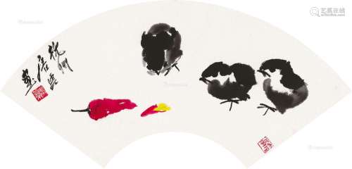 唐云（1910～1993） 雏鸡 扇片 设色纸本