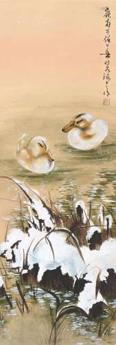 黄幻吾（1906～1985） 雪景双鸭 立轴 设色纸本