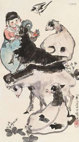 程十发（1921～2007） 己亥（1959）年作 少女与羊 立轴 设色纸本