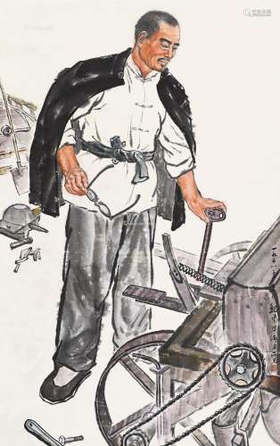 魏紫熙（1915～2002） 1958年作 修车工人 立轴 设色纸本