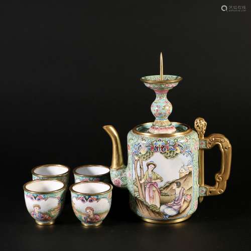 Bronze Enamel Painting Candlestick Pot And Cups, China