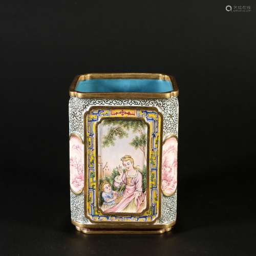 Bronze Enamel Painting Brush Pot, China