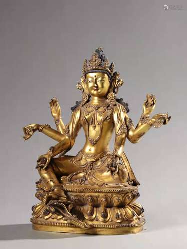 Bronze Gold Gilded Sitting Statue Of Guanyin With Six Arms, ...