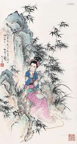 顾炳鑫（1923～2001） 壬戌（1982）年作 批书图 立轴 设色纸本