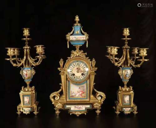 Set Of Gold Gilded Desk Clock And Candlestick