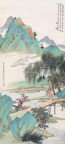黄山寿（1855～1919）汪琨（1877～1946） 策杖闲游 立轴 设色纸本